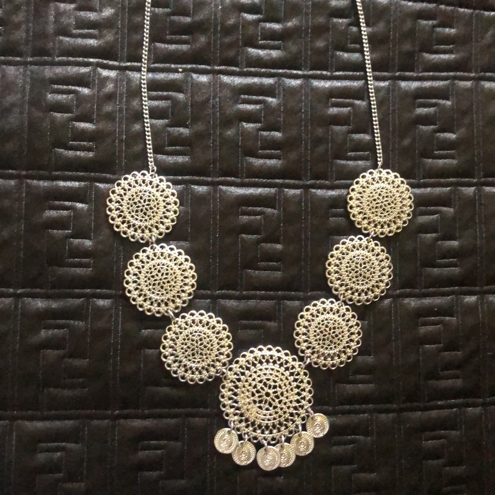 NY Filigree Flower Disc Pendant Choker Lace Necklace